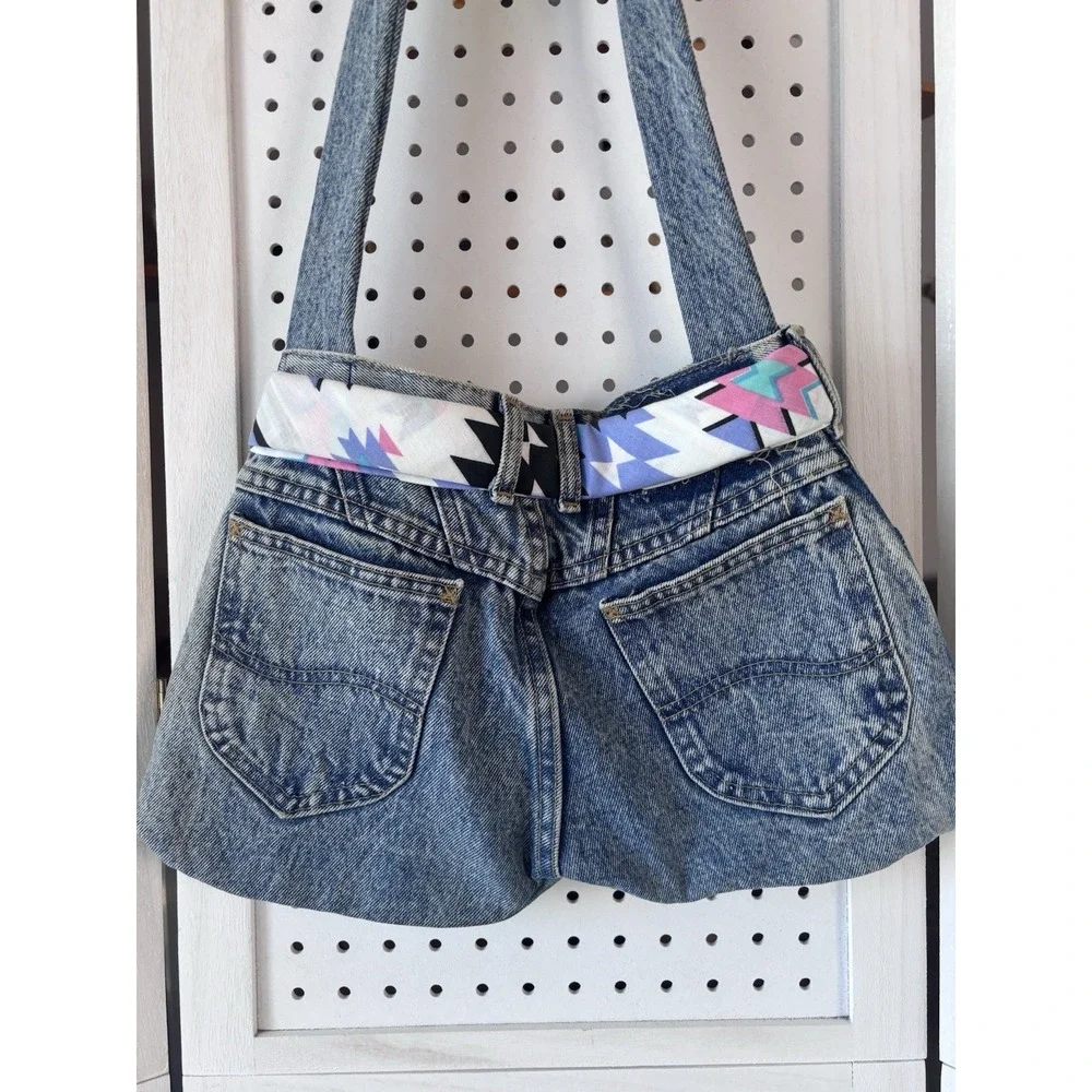 VTG Lee Denim Jeans Shoulder Bag Purse Handpainted Southwestern 90s Belted - Picture 7 of 11